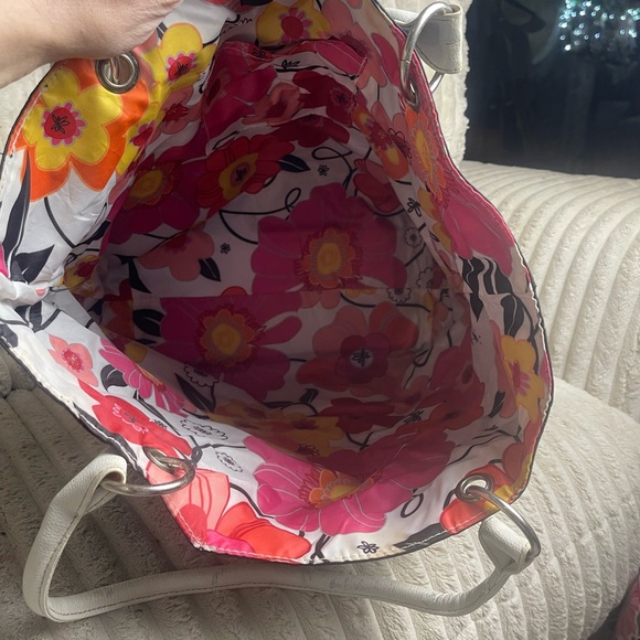 Lancome Black Tote with White Trim and Floral Lining - Picture 9 of 10